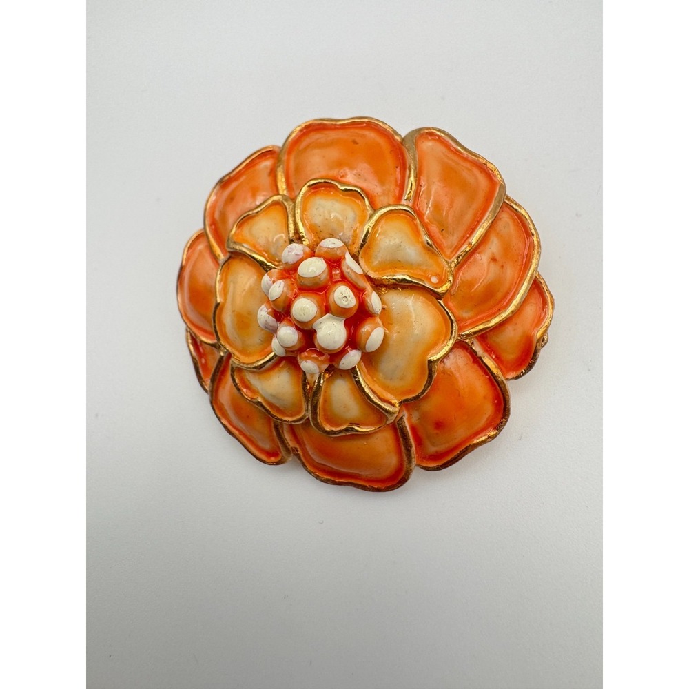 Vtg Hollycraft Brooch Orange Hydrangea Flower & Clip Enamel Earrings Set - Picture 2 of 8